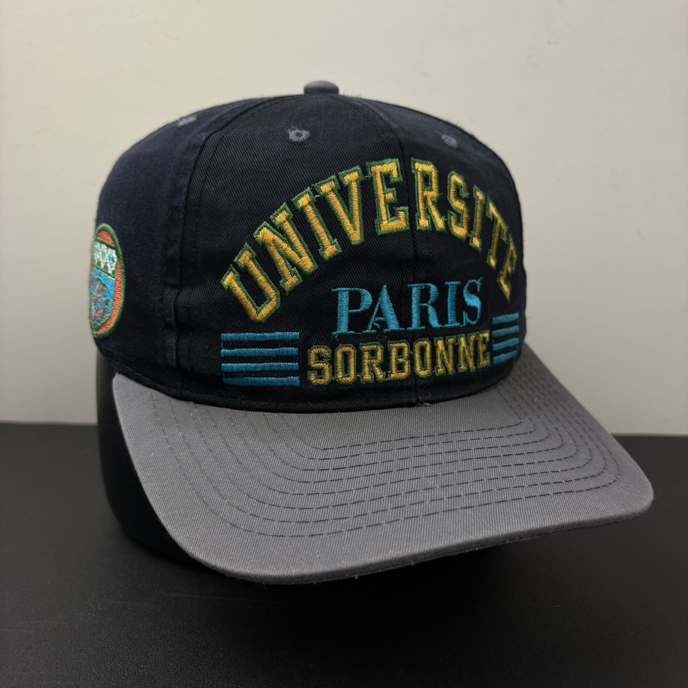 Vintage 90s Universite Paris Sorbonne Snapback Hat Cap Black Grey France